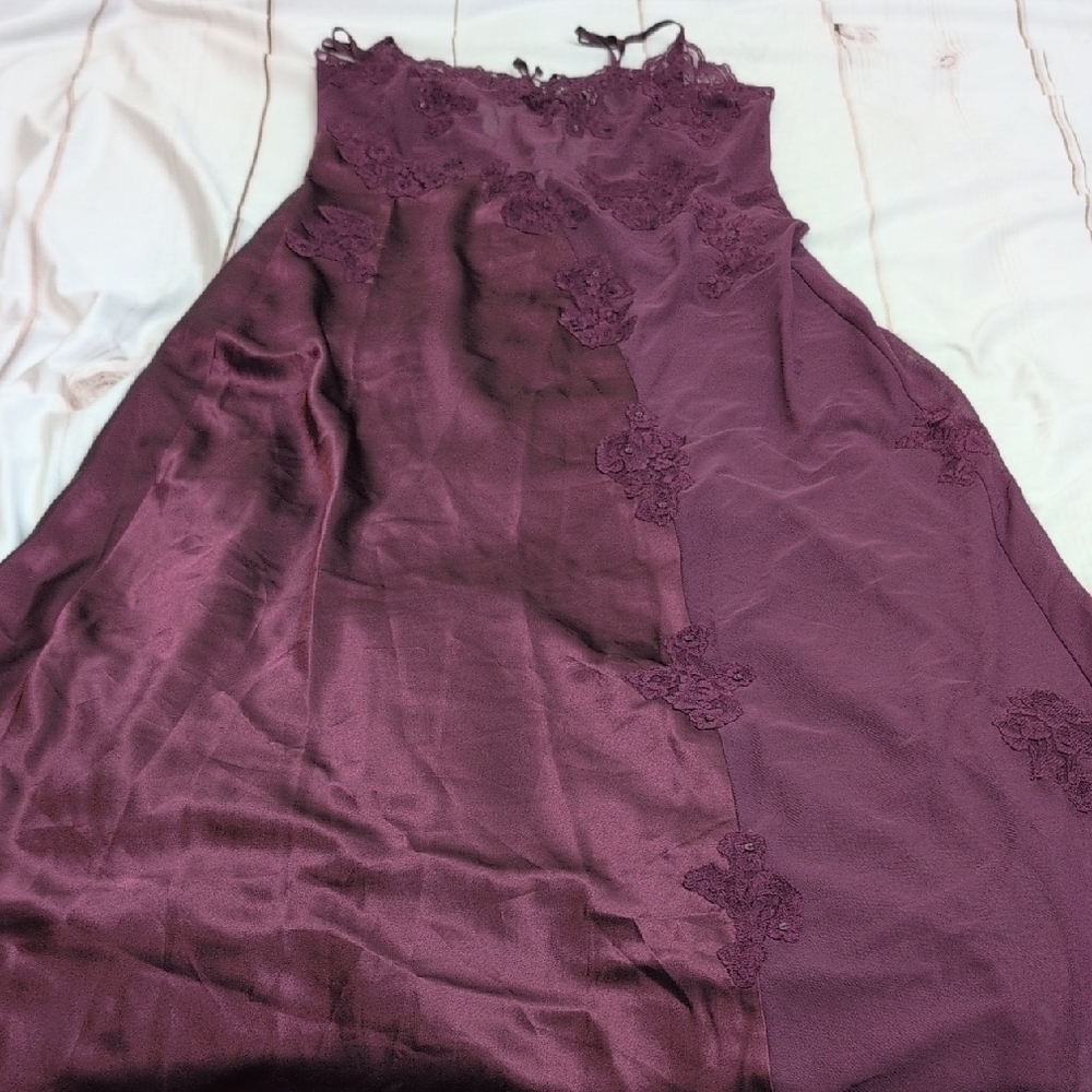Vintage Romantic Dark Mulberry Satin Slip Gown Frederick's of Hollywood Large